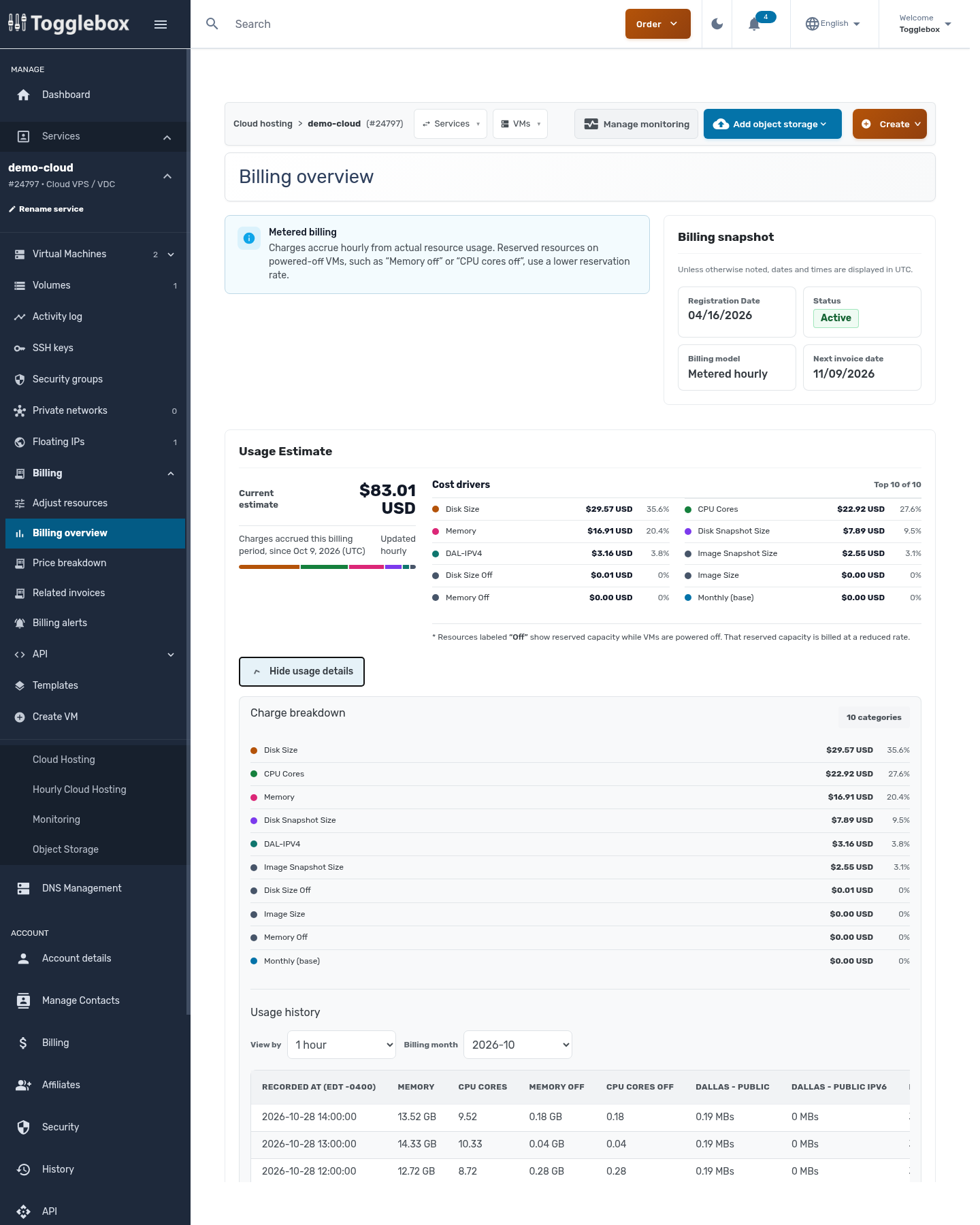 Billing overview with charge breakdown and usage history expanded