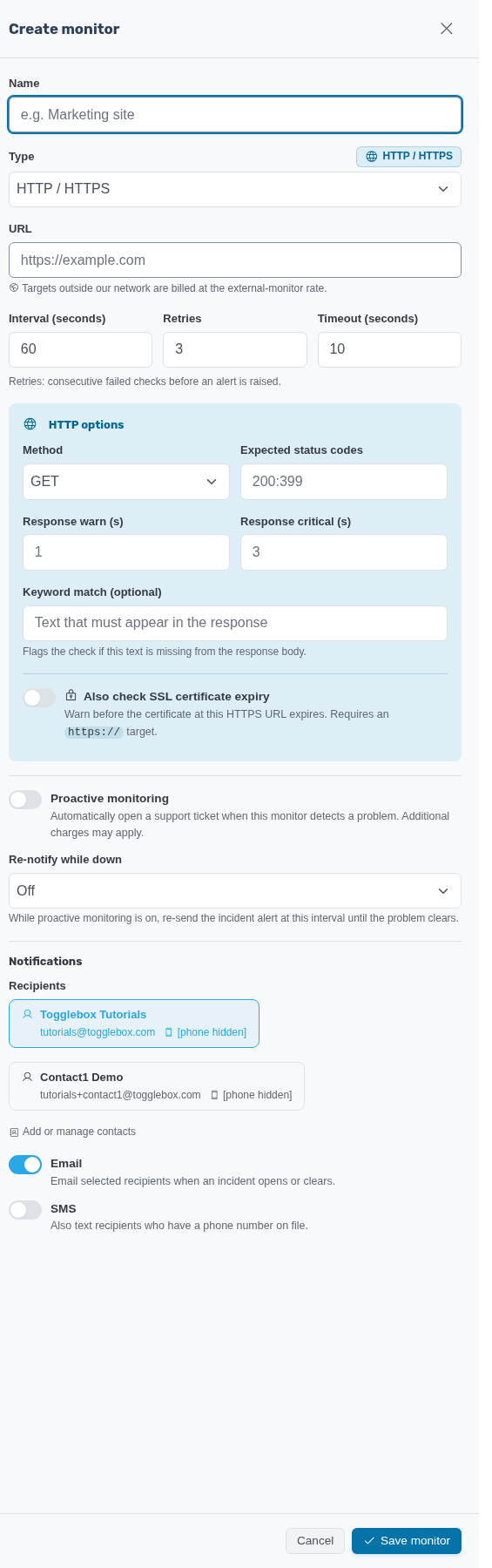 Monitor configuration form with notification controls