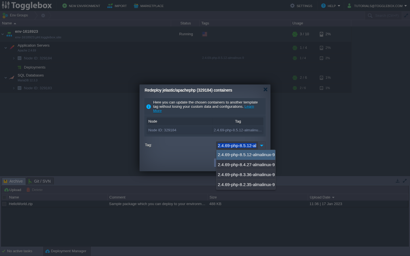 Available PHP runtime tags in the redeployment dialog