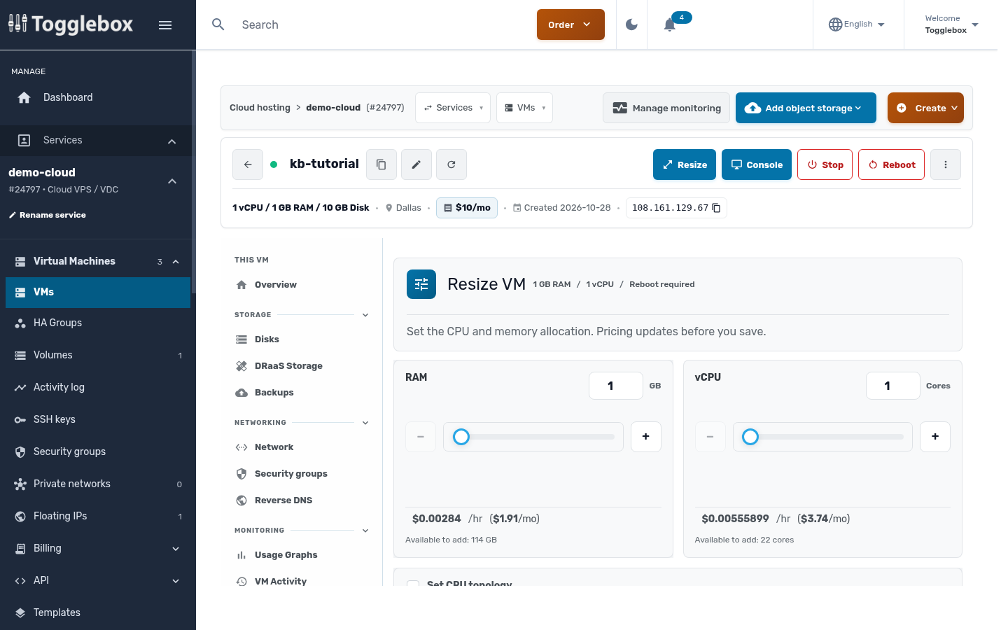 Resize VM page