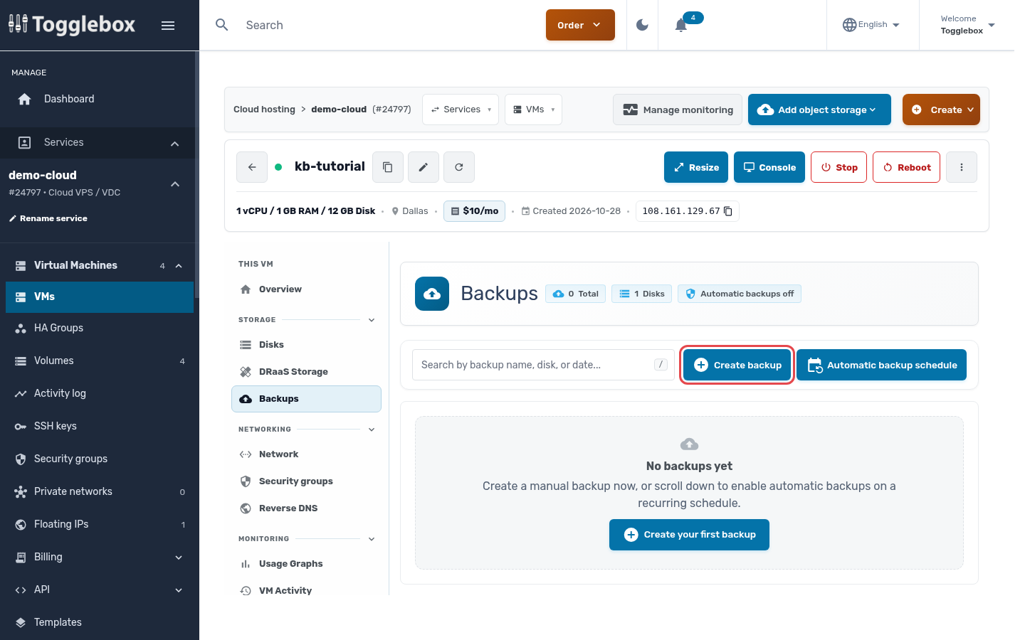 Backups page