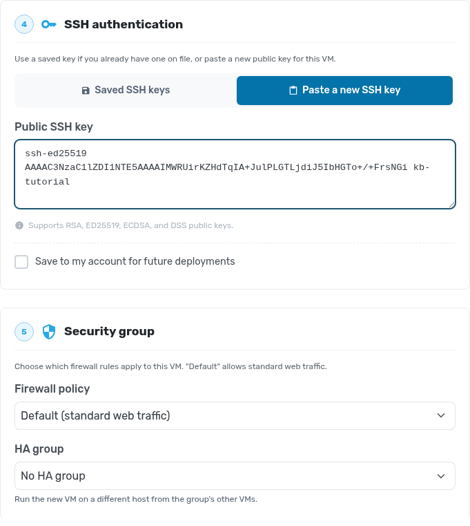 SSH authentication and security group sections