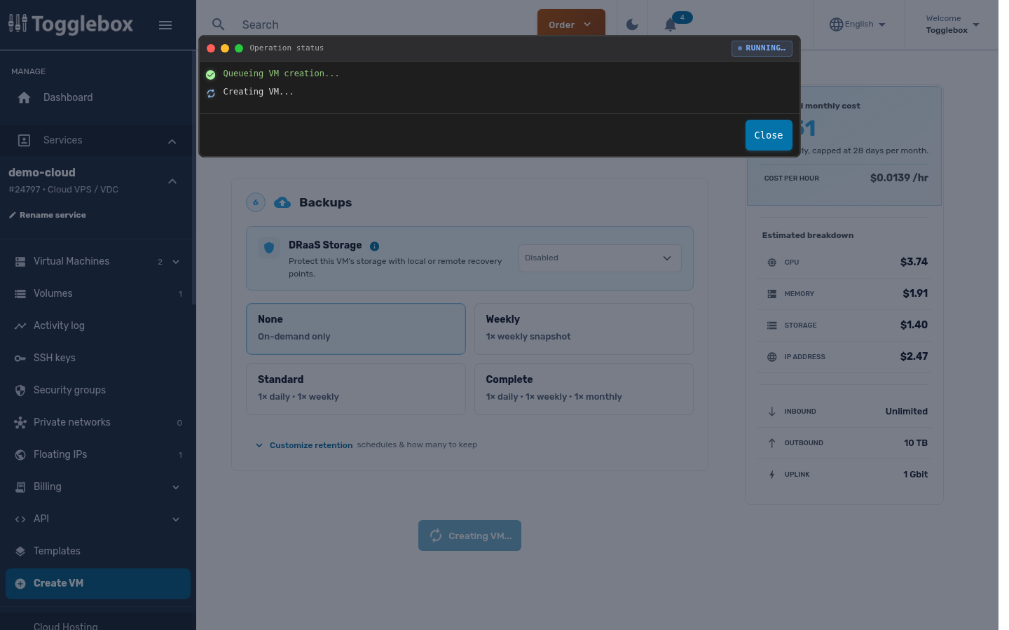 Operation status while the VM is created