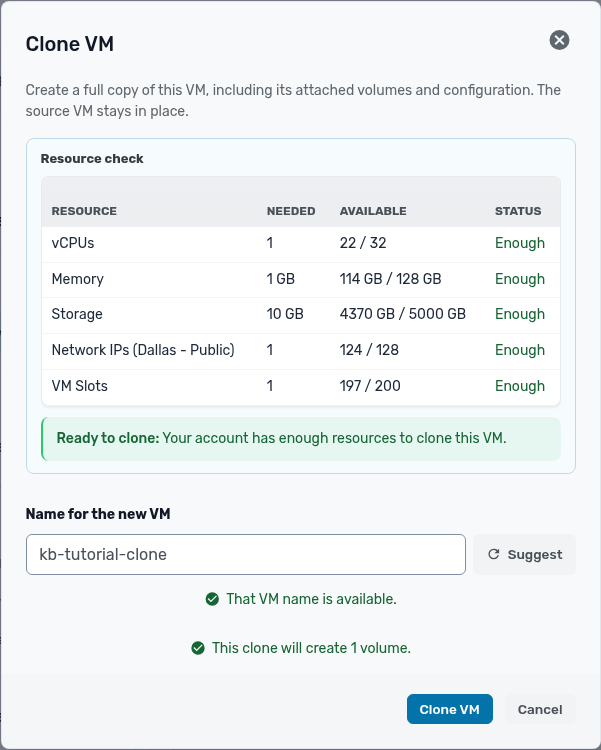 Clone VM dialog