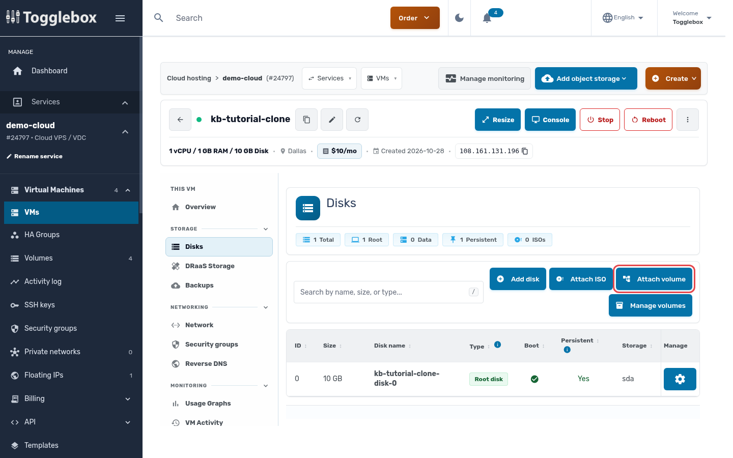 Disks page with Attach volume