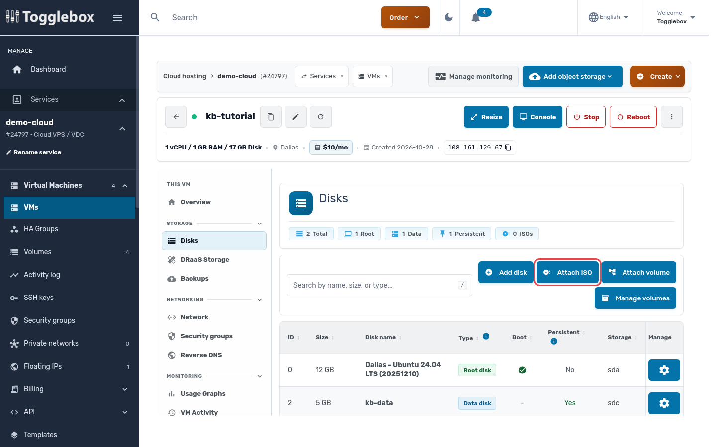 Disks page with Attach ISO