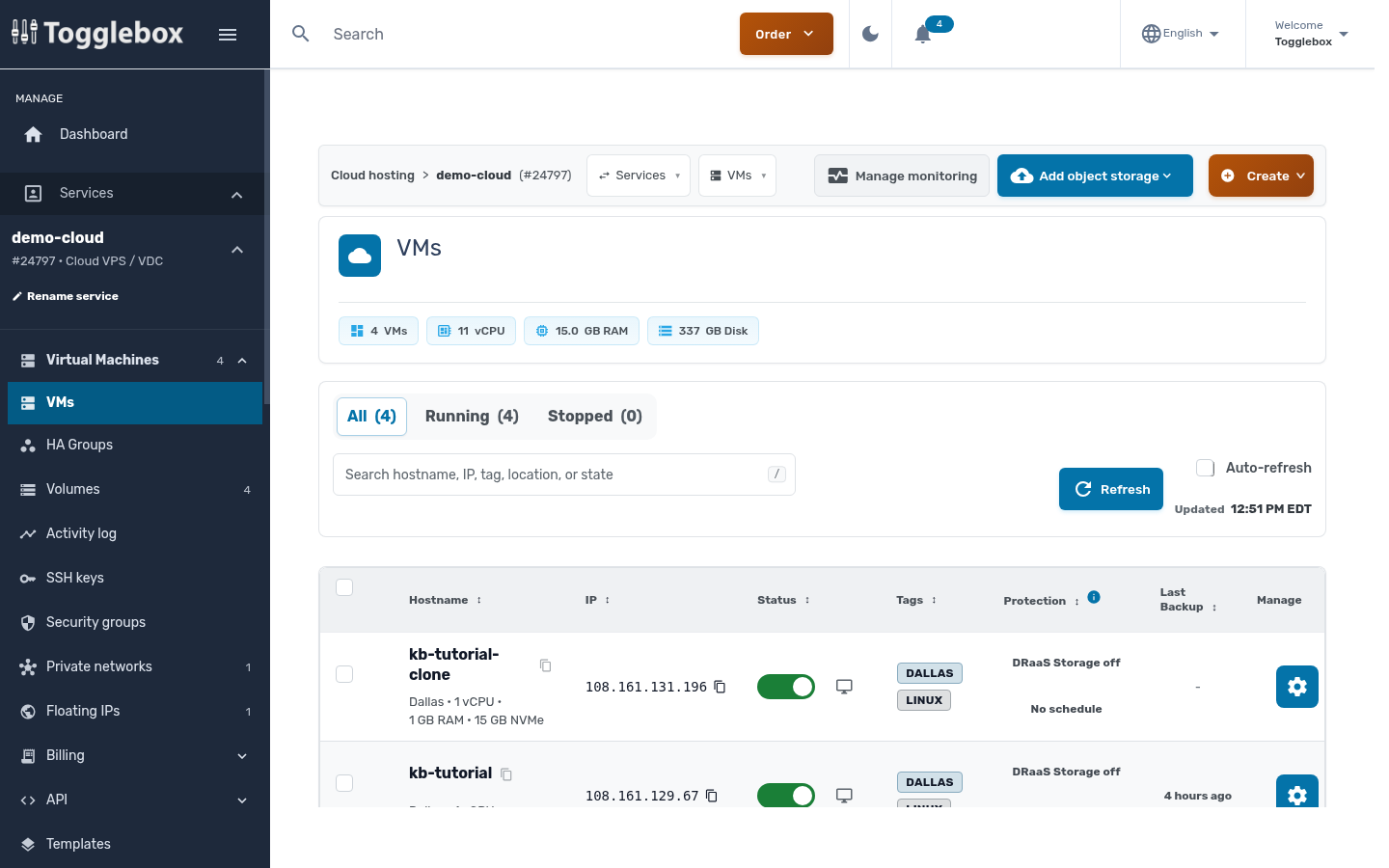 VM list for a Cloud VPS service
