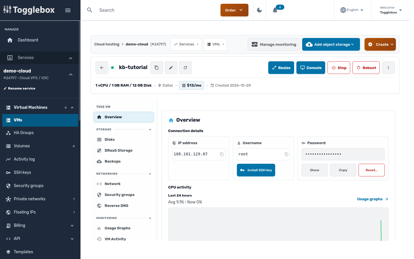 VM overview page