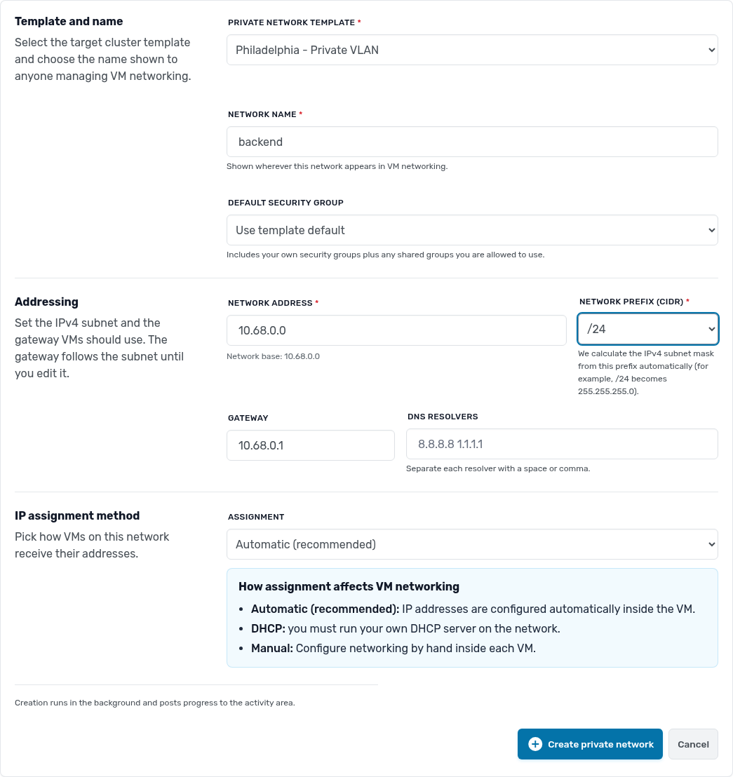 Create private network form