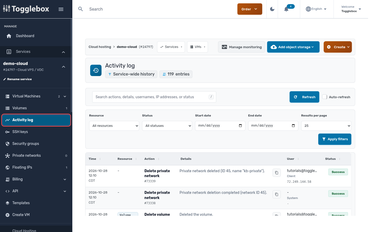 Find an operation in the activity log in the demo Cloud VPS service