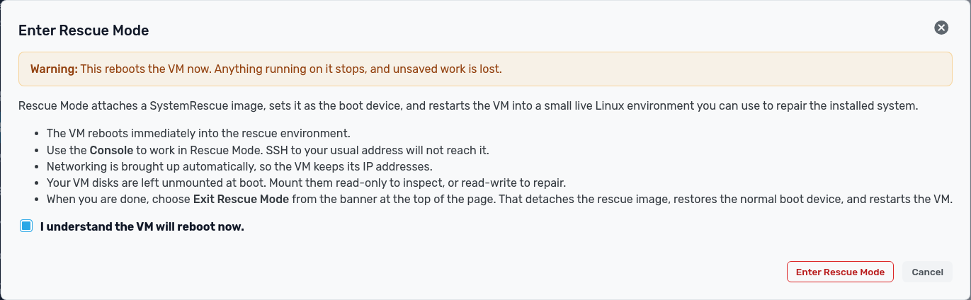 Repair a VM with Rescue Mode: rescue enter live
