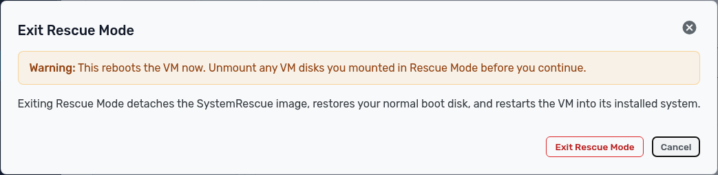 Repair a VM with Rescue Mode: rescue exit live