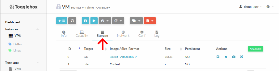 Screenshot of the vm storage tab