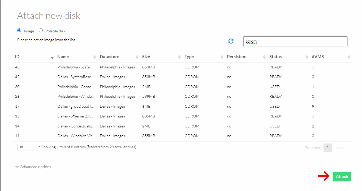 Screenshot of the attach iso button